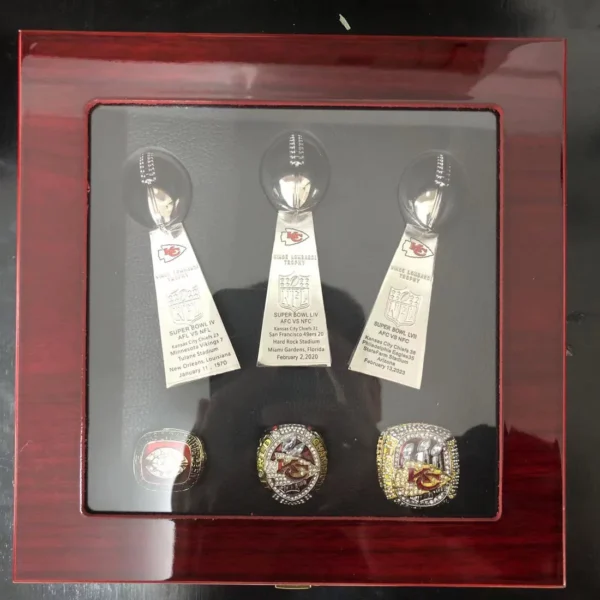 3 Kansas City Chiefs Super Bowl NFL championship ring set with 3 Vince Lombardi trophies Lombardi Trophy 2023 chiefs ring 2