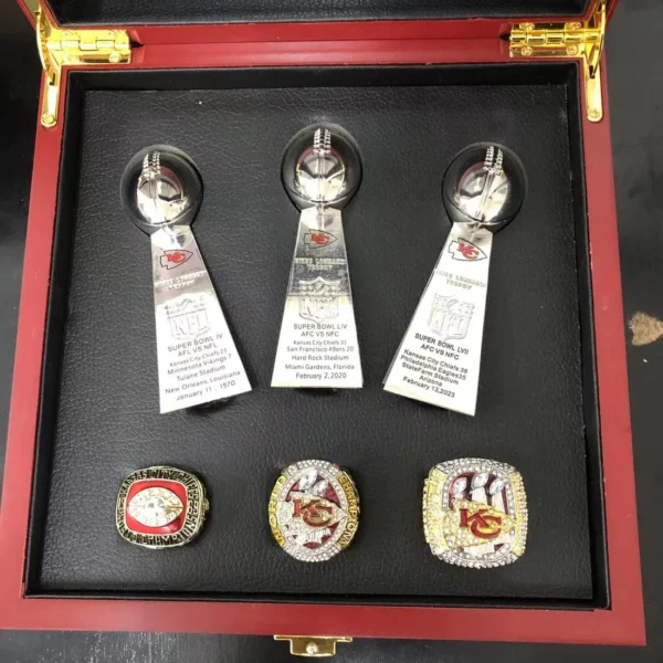 3 Kansas City Chiefs Super Bowl NFL championship ring set with 3 Vince Lombardi trophies Lombardi Trophy 2023 chiefs ring 3