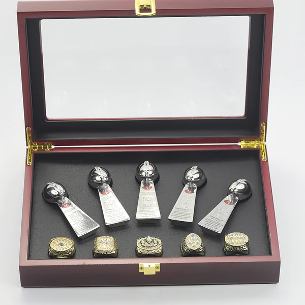 5 San Francisco 49ers NFL Super Bowl championship rings set with 5 Vince Lombardi trophies Lombardi Trophy 49ers collectible