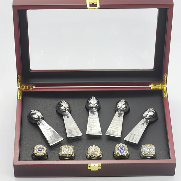 5 Dallas Cowboys NFL Super Bowl championship rings set with 5 Vince Lombardi trophies Lombardi Trophy championship rings