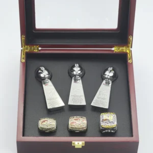 3 Denver Broncos Super Bowl NFL championship ring set with 3 Vince Lombardi trophies Lombardi Trophy championship rings