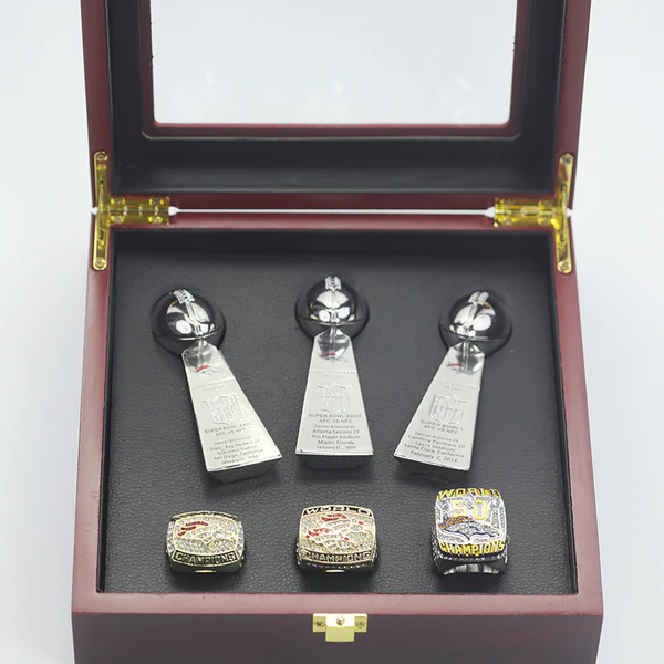 3 Denver Broncos Super Bowl NFL championship ring set with 3 Vince Lombardi trophies Lombardi Trophy championship rings