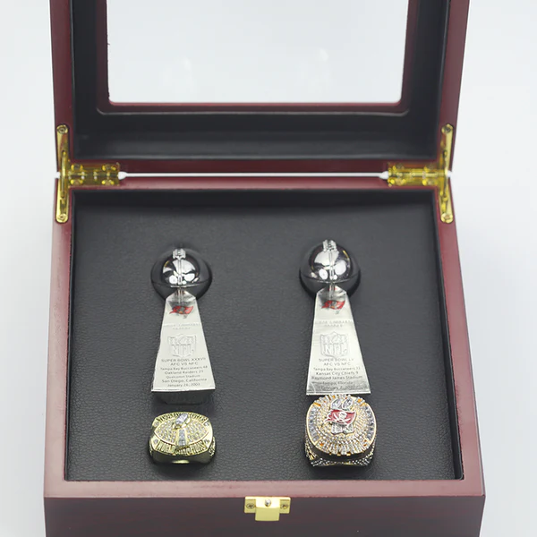Tampa Bay Buccaneers 2003 & 2021 Vincent Jackson and Tom Brady Super Bowl NFL championship ring set with 2 Vince Lombardi trophies Lombardi Trophy championship rings