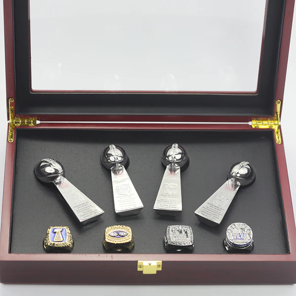4 New York Giants NFL Super Bowl championship rings set with 4 Vince Lombardi trophies Lombardi Trophy championship rings