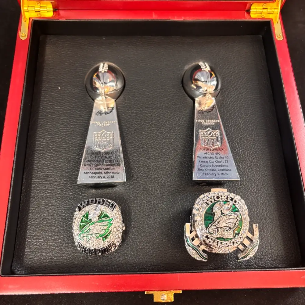 Philadelphia Eagles 2018 & 2025 championship ring set with 2 trophies Football Rings 2018 & 2025 Philadelphia Eagles 3 Philadelphia Eagles 2018 & 2025 championship ring set with 2 trophies Football Rings 2018 & 2025 Philadelphia Eagles 3