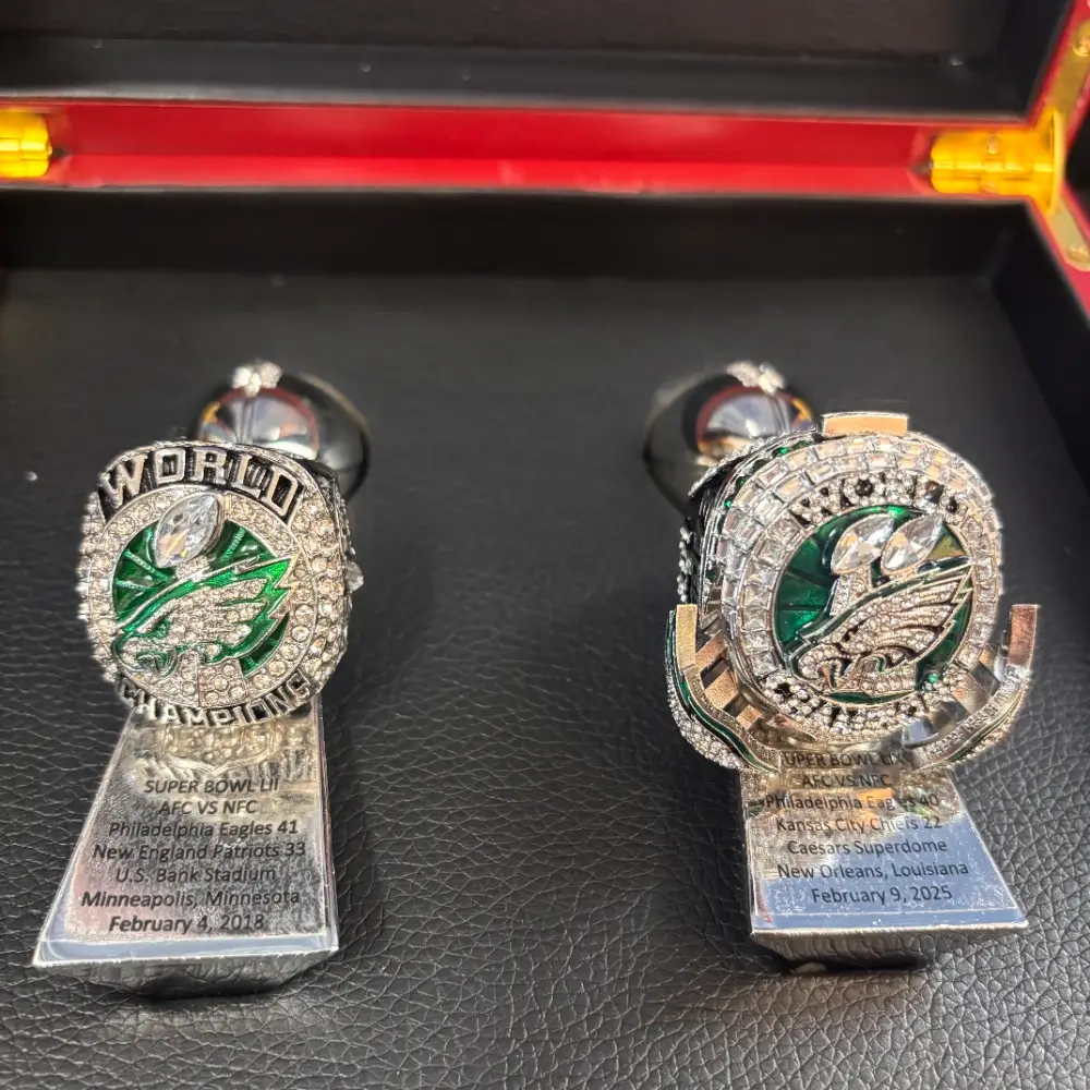 Philadelphia Eagles 2018 & 2025 championship ring set with 2 trophies Football Rings 2018 & 2025 Philadelphia Eagles Philadelphia Eagles 2018 & 2025 championship ring set with 2 trophies Football Rings 2018 & 2025 Philadelphia Eagles