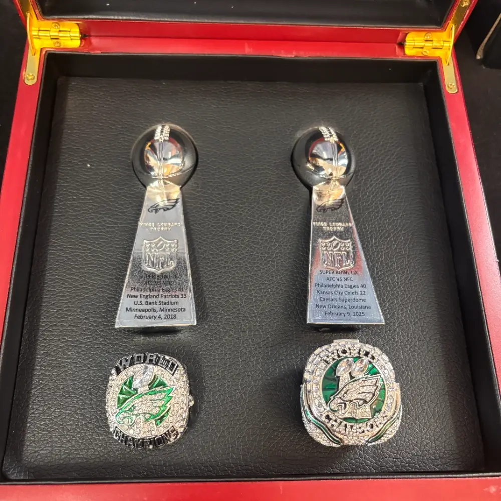 Philadelphia Eagles 2018 & 2025 championship ring set with 2 trophies Football Rings 2018 & 2025 Philadelphia Eagles 2 Philadelphia Eagles 2018 & 2025 championship ring set with 2 trophies Football Rings 2018 & 2025 Philadelphia Eagles 2