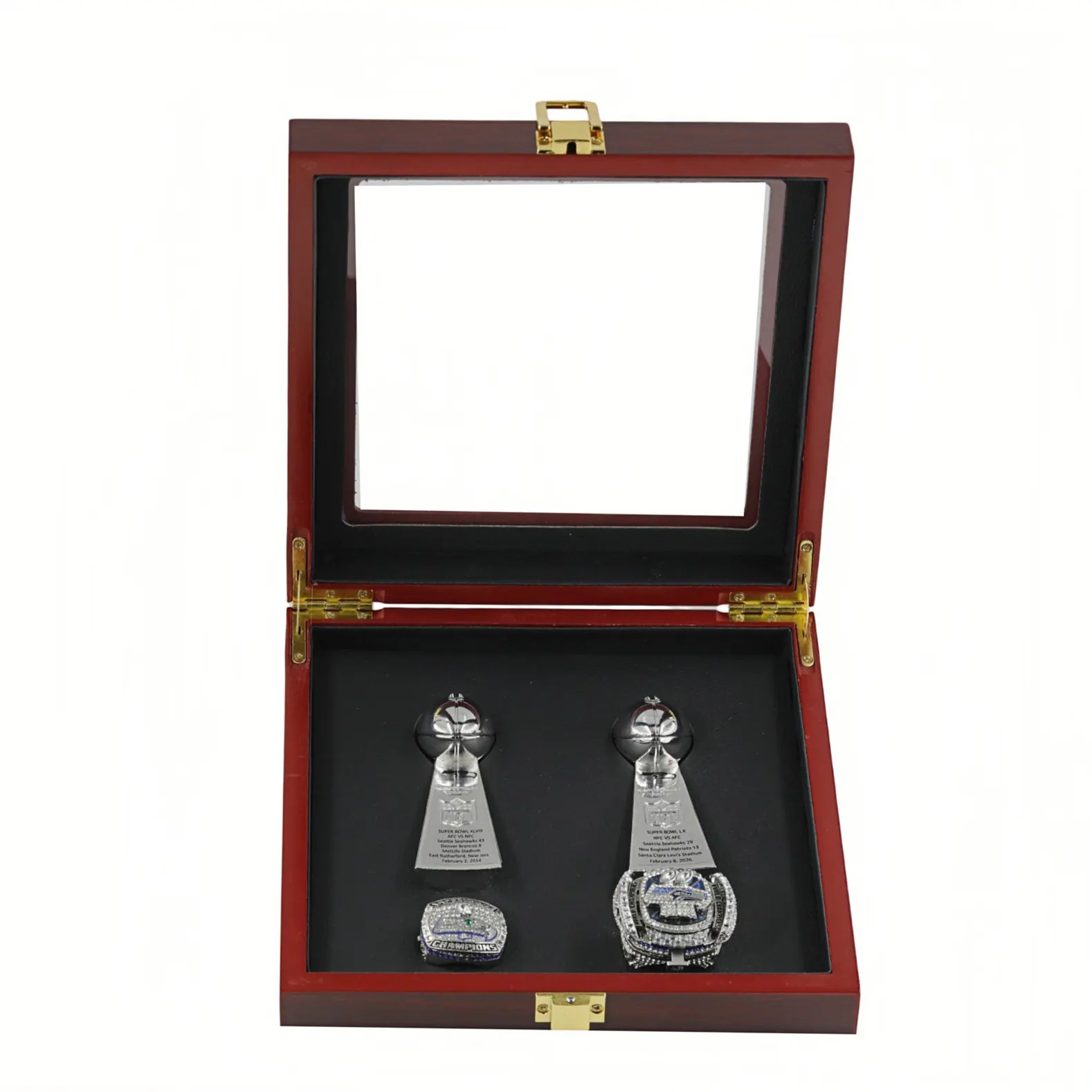 Seattle Seahawks 2014 & 2026 championship ring set with 2 trophies
